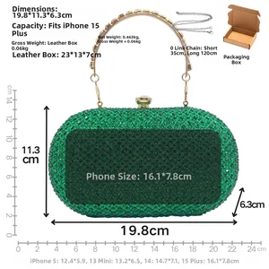 Detail view of green crystal evening clutch bag with dimensions and phone capacity info