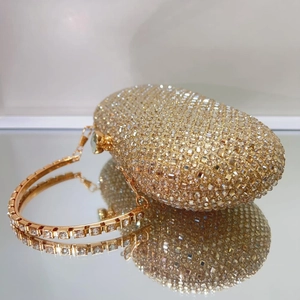 Detail of champagne gold evening clutch featuring high-density rhinestones and hard shell oval shape