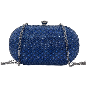 Elegant royal blue evening clutch bag with sparkling rhinestones and silver chain strap