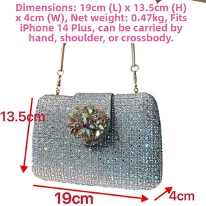 Detailed view of rhinestone clutch bag dimensions 19x13.5x4cm with crystal flower clasp
