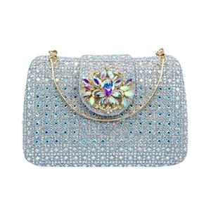Macro view of crystal flower detail and high-density rhinestones on an evening clutch bag