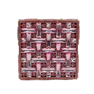 Pink crystal encrusted square evening clutch bag with woven diamond pattern for formal gala