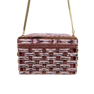 Elegant pink crystal evening clutch bag with gold frame and chain strap for women
