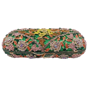 Luxuriöse florale Kristall-Clutch mit bunten Straßsteinen und grünem Metallgehäuse
