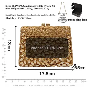Detailed view of luxury rhinestone clutch bag with dimensions 17.5x13x6.5cm and chain