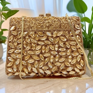 Rhinestone Evening Clutch Bag Gold Hollow Out Crystal Handbag With Chain For Women Party Wedding Banquet