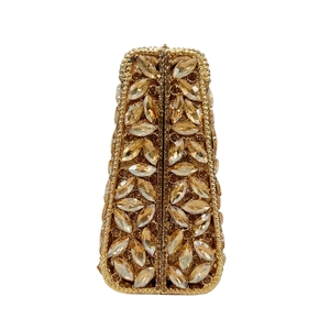 Elegant gold evening clutch bag with amber marquise crystals in floral pattern