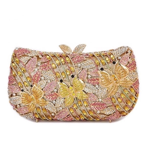 Luxury butterfly flower evening clutch bag with colorful crystals and gold leaf clasp