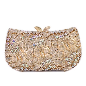 Golden butterfly luxury evening clutch bag with sparkling diamonds and hollow metal detail