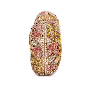 Golden butterfly flower evening clutch bag with pink and yellow crystal rhinestones