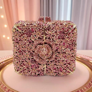 Luxury Women Evening Clutch Bag Alloy Hollow Flower Rhinestone Crystal Party Wedding Bridal Handbag Square Box Small