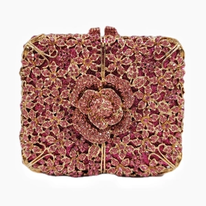 Elegant floral crystal evening clutch bag with pink rhinestones and gold metal frame