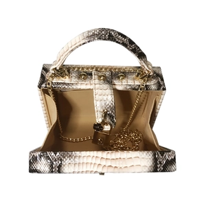 Sac à main boîte imprimé serpent avec chaîne dorée et poignée sur fond blanc