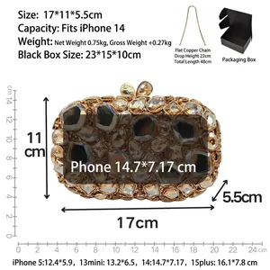 Elegant stone clutch bag with brown rhinestones, metal clasp, chain and sizing guide