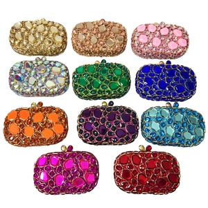 Detailed grid display of oval crystal clutch bags in eleven vibrant gemstone colors