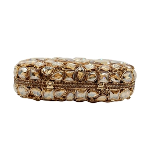 Detailed macro view of champagne crystal evening clutch with gold metal frame