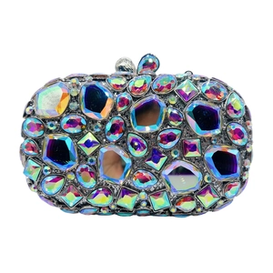 Luxury rhinestone evening clutch bag with iridescent crystals and silver metal clasp