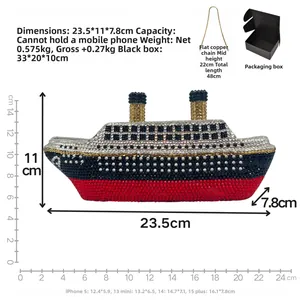 Detailed view of cruise ship evening bag with sparkling rhinestones and golden chimneys