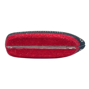 Side view of red and blue crystal evening clutch with sparkling rhinestone exterior