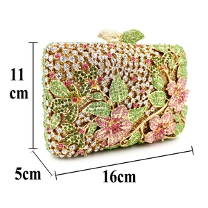Luxury crystal evening clutch with pink floral rhinestones and gold bird clasp 16x11cm
