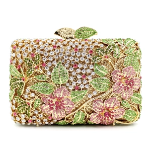 Hollow Metal Floral Rhinestone Evening Clutch Bag Luxury Crystal Hard Shell Wedding Party Purse With Detachable Chain