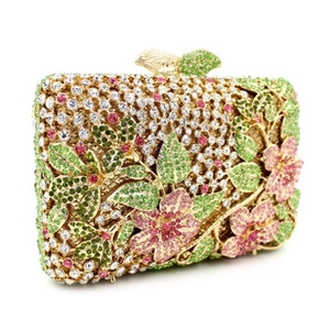 Pochette de soirée élégante avec motifs floraux en cristal et cadre en métal doré