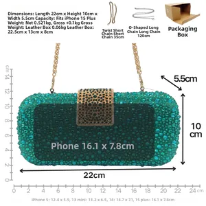 Detailed size guide of green rhinestone evening clutch showing dimensions 22x10x5.5cm