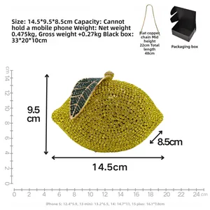 Detail view of lemon crystal evening bag showing dimensions 14.5x9.5x8.5cm and chain