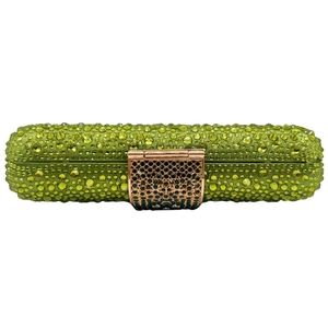 Elegant lime green rhinestone evening clutch bag with luxury crystal gold clasp