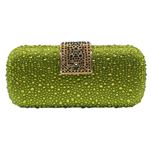Sparkling olive green rhinestone evening clutch bag with gold metallic clasp for gala