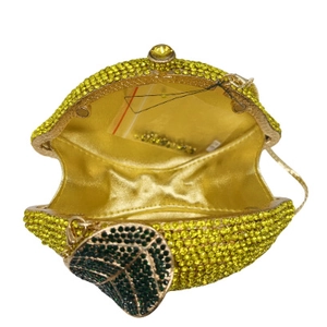 Luxury lemon crystal clutch bag with yellow rhinestones and green leaf detail