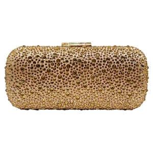 Close-up of luxury gold evening clutch bag with full champagne rhinestone crystals