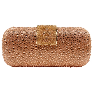 Detail view of champagne gold evening clutch featuring dense rhinestone surface and clasp