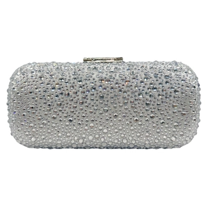 Detailed close-up of full rhinestones on silver-tone clutch bag with metal clasp