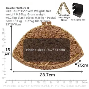 Detailed size chart for crystal rose evening clutch showing dimensions and phone compatibility