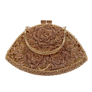 Elegant champagne gold rose flower crystal clutch bag with rhinestones for formal parties