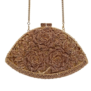 Champagne gold crystal evening clutch bag with three-dimensional rose flower sequins and chain