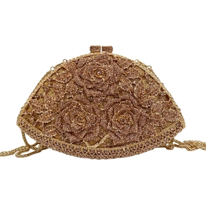 Luxury champagne gold crystal evening clutch bag with 3D roses and metal chain strap
