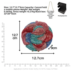 Macro detail of crystal floral evening bag with size dimensions and silver chain strap