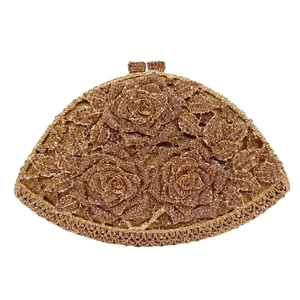 Rose gold crystal evening clutch bag with 3D rose floral design and sparkling rhinestones