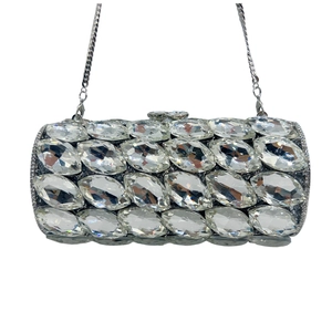 Luxury Cylinder Evening Clutch Bag Marquise Glass Rhinestone Encrusted Metal Chain Party Wedding Women