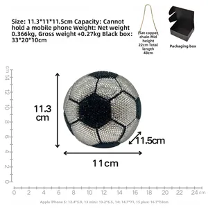 Detail view of soccer ball evening bag showing crystal pattern, dimensions, and chain