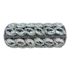 Luxury cylinder evening clutch bag with marquise crystal embellishments and silver metal frame