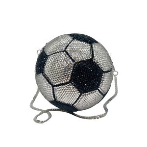 Luxury soccer-shaped evening clutch bag with black and silver crystal rhinestones