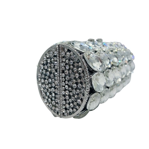 Luxurious silver cylindrical evening clutch bag with sparkling crystals and rhinestones