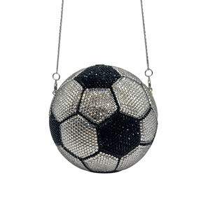Sparkling crystal football evening clutch bag with silver and black rhinestones and chain