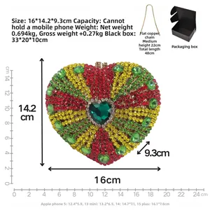Detail of luxury heart evening bag with multi-colored crystals and 16x14.2x9.3cm size