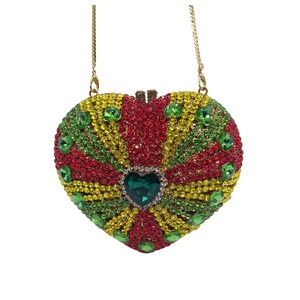 Luxury heart-shaped crystal evening clutch bag with multicolored rhinestones and gold chain