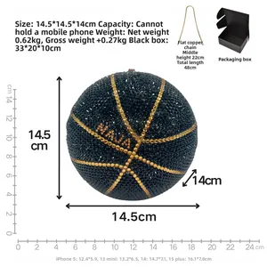 Detail of crystal basketball evening bag with MAMA lettering, chain, and box measurements