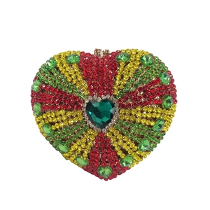 Heart Shaped Evening Clutch Bag Sparkly Multicolored Rhinestone Luxury Banquet Wedding Handbag With Gold Chain For Women